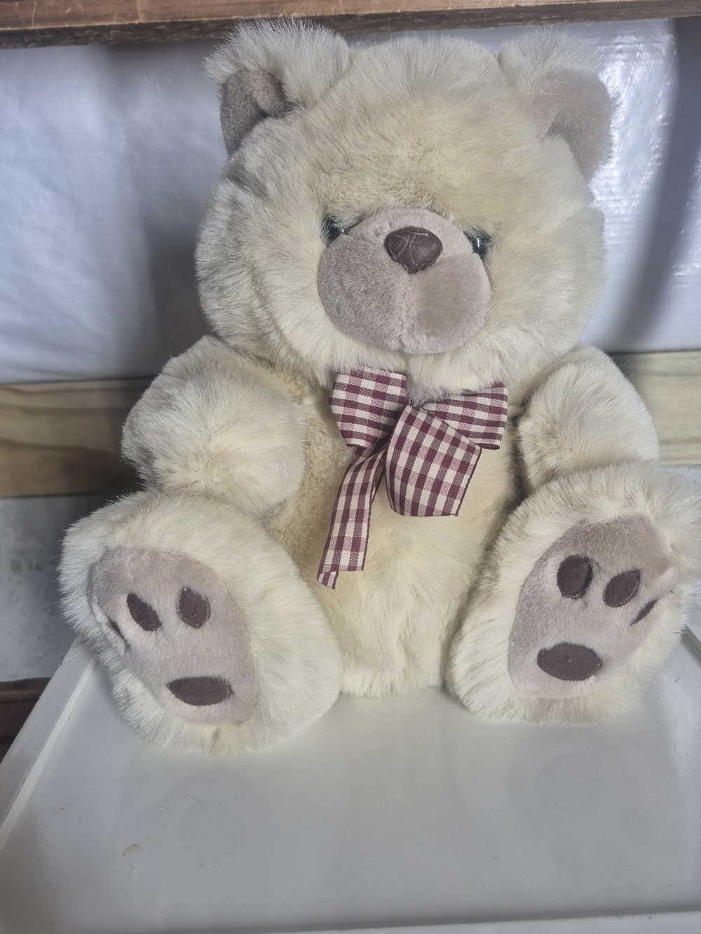 Plush Cream Teddy Bear with Gingham Bow - Soft Kids Toy